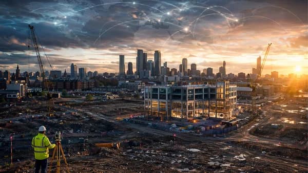 Manchester brownfield site with cranes, future civic hub, skyline, and global connection arcs