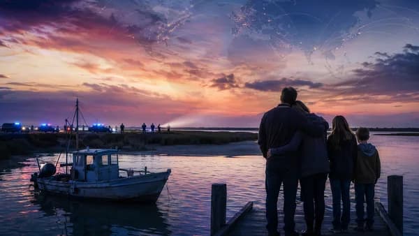 Somber Gulf Coast boating scene with family silhouettes, search lights, and a subtle global news map motif.