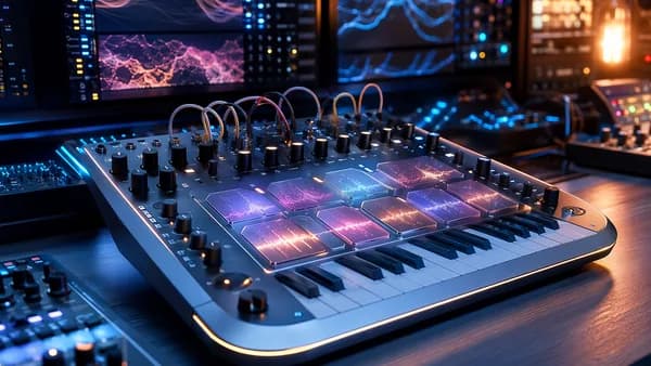 Futuristic synth prototype on a neon-lit studio workbench with circuits, screens, and AI network visuals.