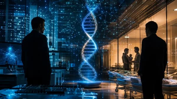 Two men separated by a glowing DNA helix in a modern hospital tech setting.