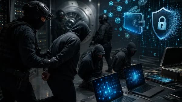 Investigators arrest hackers amid crypto wallet holograms, bank vault, locks, and dark code matrix.