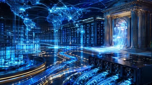 Global AI data center build-out with glowing servers, network arcs, and abstract finance imagery.