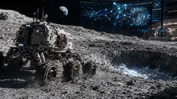 Nuclear-powered rover scouting the Moon’s south pole with Earth on the horizon.