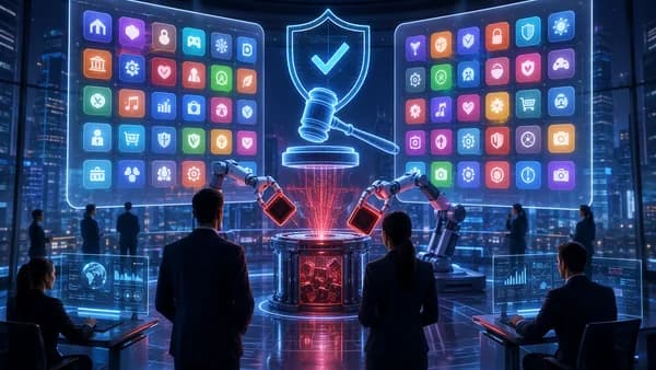 Regulators and AI moderation removing harmful app tiles from generic smartphone app stores.