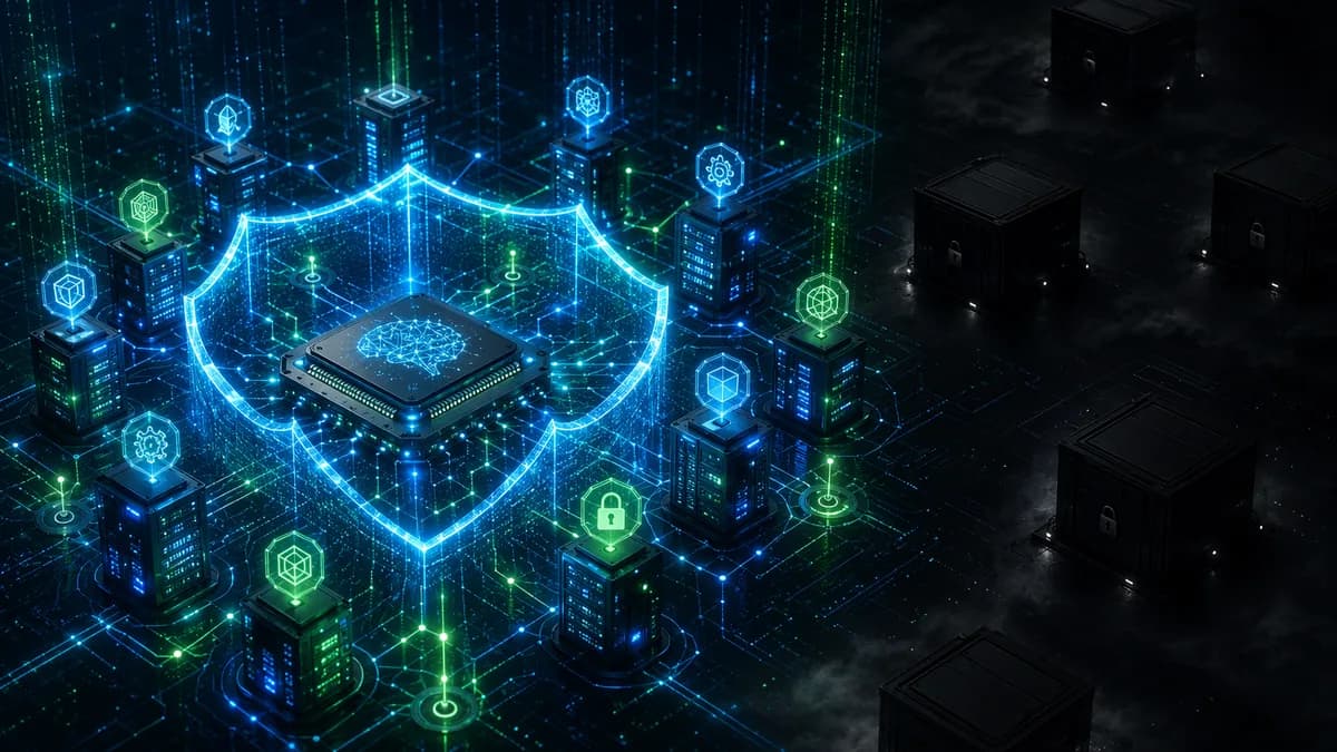 AI chip protected by a glowing cybersecurity alliance network, with closed labs in the distance.