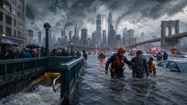 Flooded New York and New Jersey streets during torrential rain with rescues and submerged cars