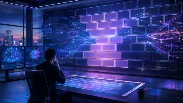 Futuristic puzzle wall with glowing strands and blank tiles in a sleek tech workspace.