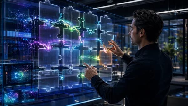Holographic blank puzzle grid with glowing strands in a futuristic tech workspace