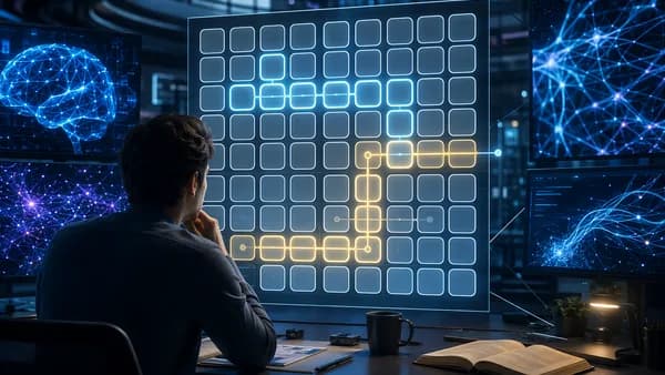 Futuristic workspace with blank puzzle grid, AI networks and screens suggesting spoiler-safe game hints.
