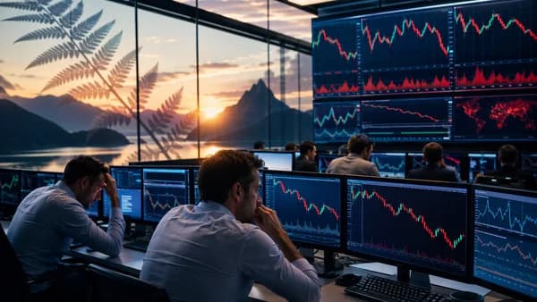 FX trading desk visualizing stalled New Zealand dollar momentum after hotter inflation
