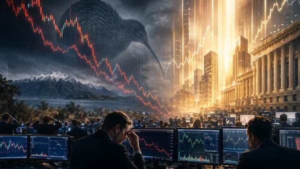 Trading floor scene showing Kiwi weakness as safe-haven dollar demand drives market pressure