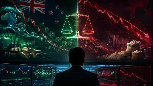 Forex trading desk showing NZD decline, split policy uncertainty, and softer commodities
