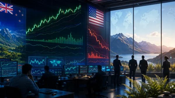 FX trading desk with rising NZD market charts against a weakening US dollar backdrop