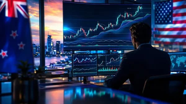 Forex trading desk with bullish market charts and New Zealand–US currency theme in cinematic lighting.