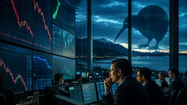 Risk-off FX trading floor with falling New Zealand dollar charts and safe-haven dollar mood