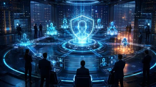 Futuristic identity security hub connecting human users and AI agents through protected access layers.