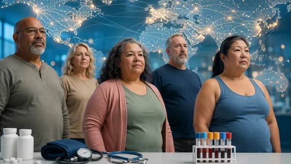 Over-40 adults in a clinic with medical tools and a glowing connected world map behind them.