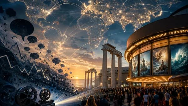 Global cinema buzz overwhelms online backlash in a modern editorial scene with world map and connections.