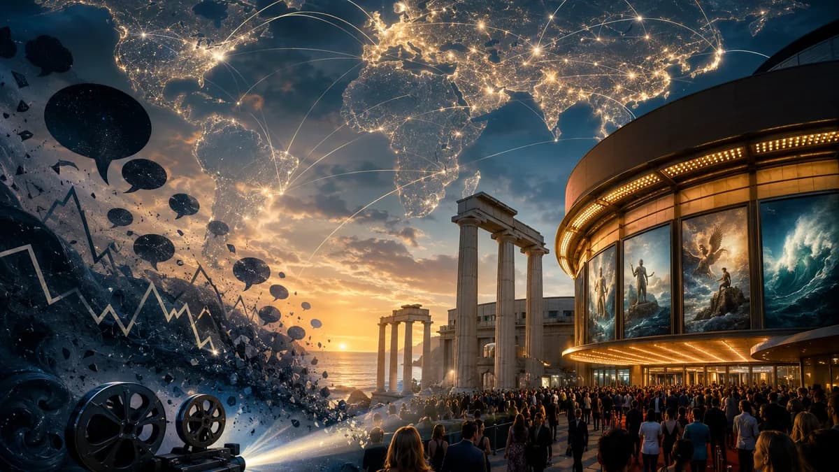 Global cinema buzz overwhelms online backlash in a modern editorial scene with world map and connections.