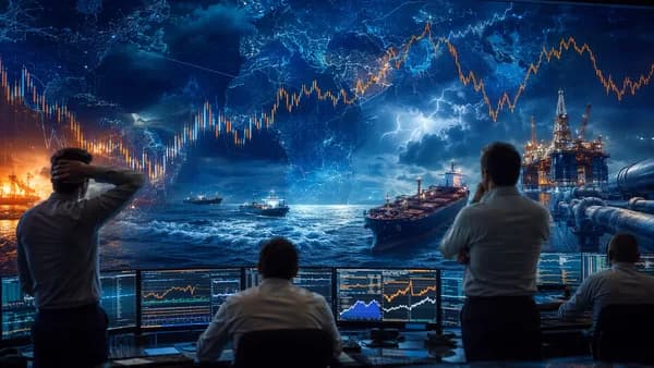 Oil trading floor with abstract tanker routes, charts, and supply risk visuals