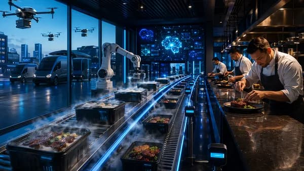 Futuristic cold-chain logistics hub delivering premium steak dinners with sensors, frost, and cinematic lighting.