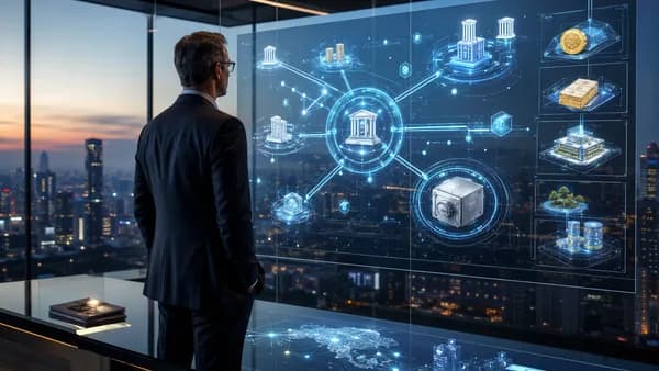 Fintech executive viewing secure on-chain finance infrastructure connecting banks and tokenized assets.