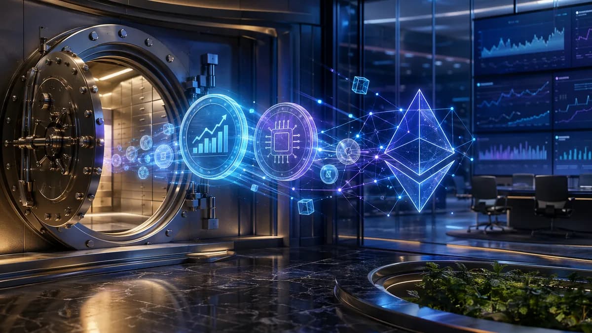 Tokenized stocks flowing from a secure custody vault into a blockchain finance network