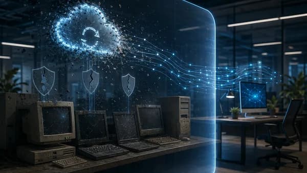 Older PCs lose cloud update support in a futuristic tech workspace with fading security connections.