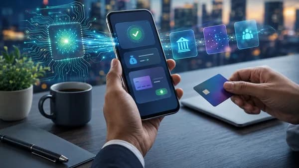 Smartphone loan approval concept with glowing fintech data streams and modern banking visuals.