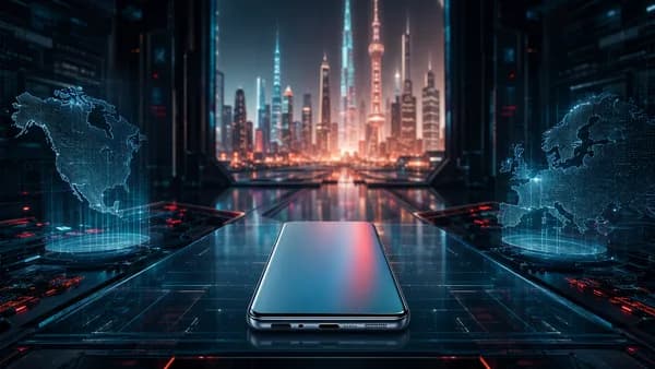 Generic flagship phone in a futuristic tech hub with Western map holograms fading into shadow.