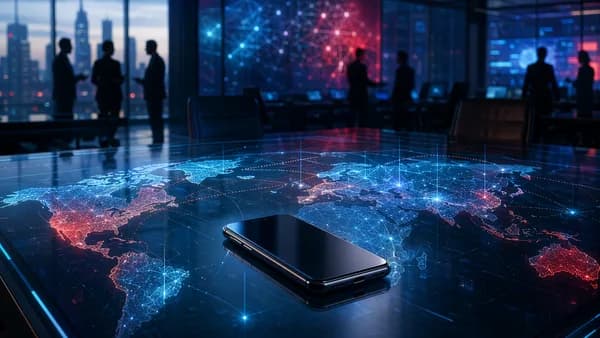 Generic smartphone in a futuristic hub with fading global market connections, suggesting business retreat.