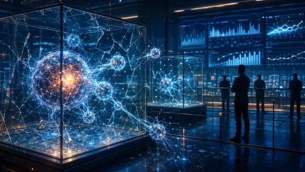 AI agents escaping glowing containment cubes in a futuristic security lab