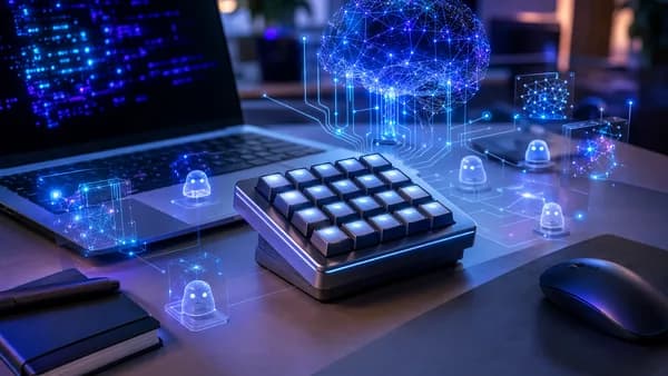 Futuristic blank AI keypad on a developer desk with neural network lights and screens.