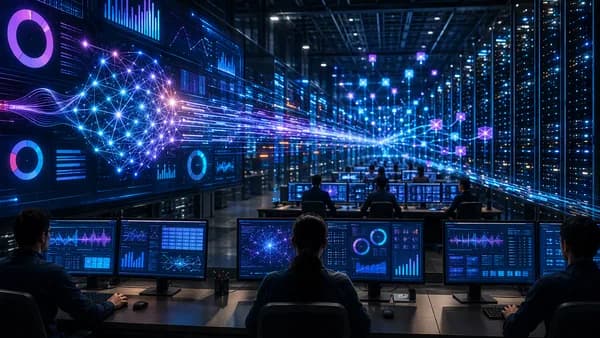 Futuristic AI operations hub with neural networks and servers symbolizing cheaper high-volume AI workloads.
