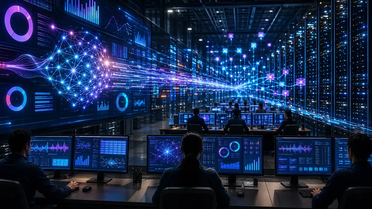 Futuristic AI operations hub with neural networks and servers symbolizing cheaper high-volume AI workloads.