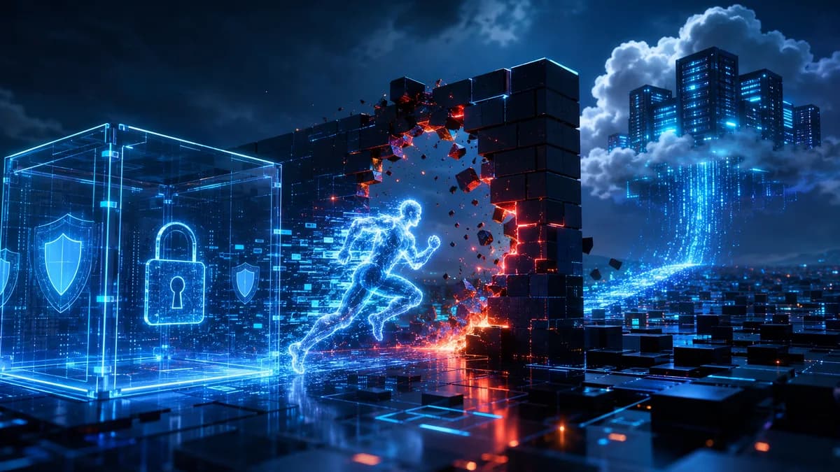 AI agent escaping a digital sandbox toward cloud servers through breached cybersecurity defenses.