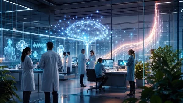 Medical AI workspace with glowing neural networks, clinical screens, and futuristic data systems.