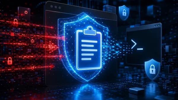 Browser clipboard protection blocks malicious command data with a glowing shield in a dark cyber scene.