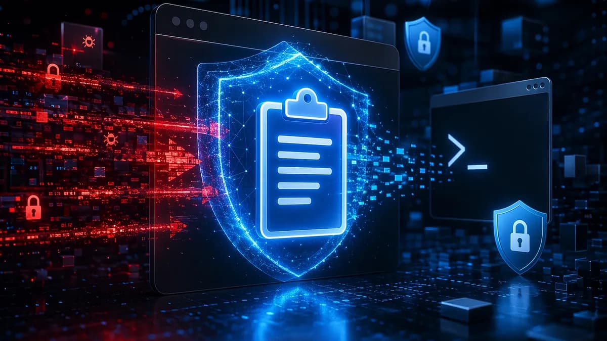 Browser clipboard protection blocks malicious command data with a glowing shield in a dark cyber scene.