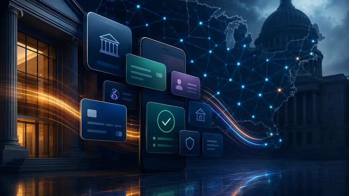 Fintech lending apps, bank building, and regulatory courthouse imagery under scrutiny