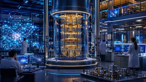 Futuristic quantum computing lab with glowing cryogenic processor and abstract AI network visuals.