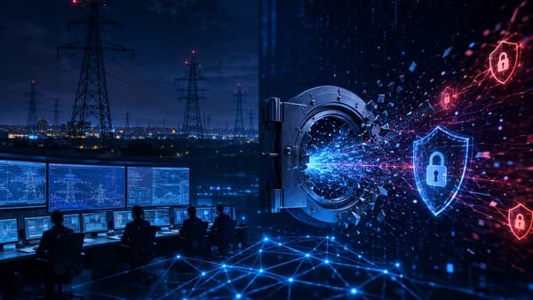 Cybersecurity breach concept with energy grid, digital vault, shield, lock, and data particles at night