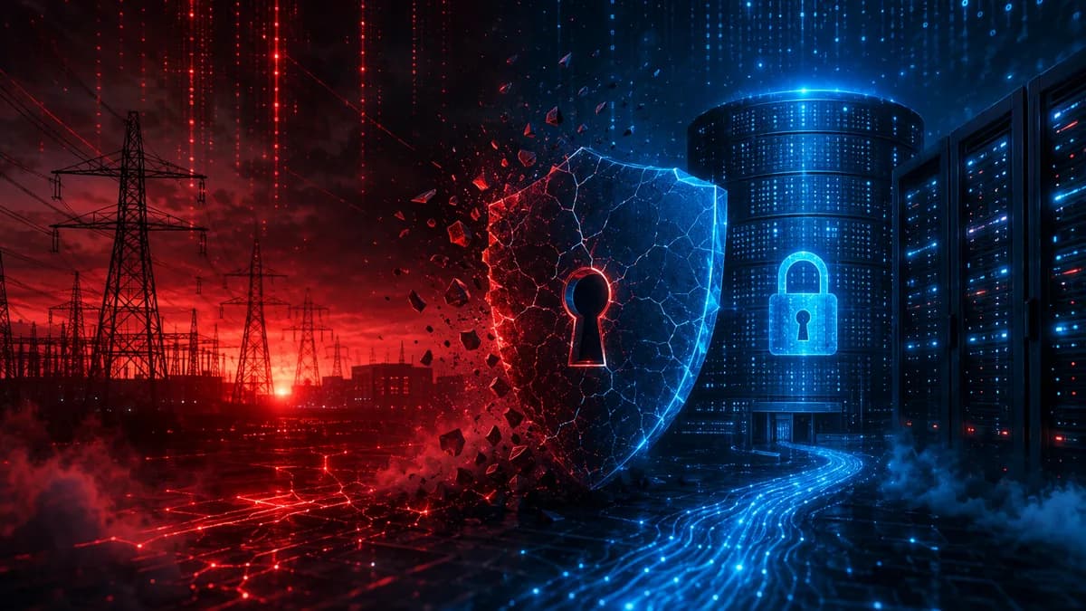 Energy utility data breach shown as a cracked digital shield over servers and power grid.