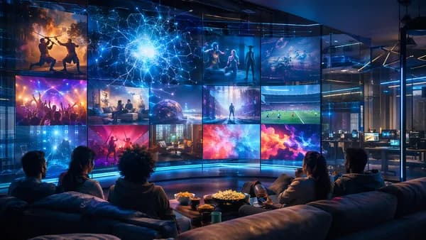 Futuristic streaming hub with abstract entertainment screens and viewers ready for a weekend binge.