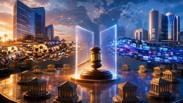 Judge halts symbolic global media merger as antitrust scrutiny surrounds connected studio towers.