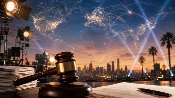 Gavel over media skyline with glowing world map, symbolizing a court-pausued Hollywood merger deal.