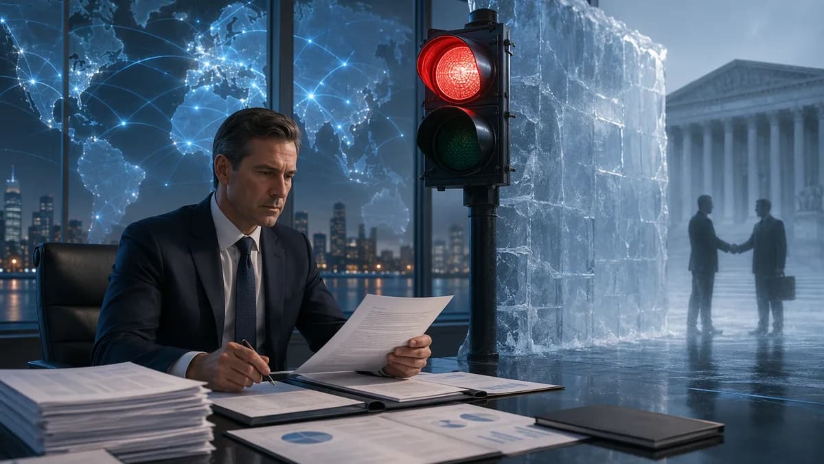 CFO reviewing merger approval as a legal freeze blocks a global business deal.