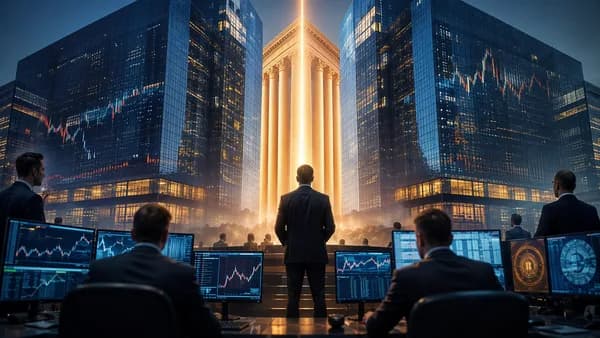 Trading floor scene with courthouse barrier between two media towers, symbolizing a paused merger.