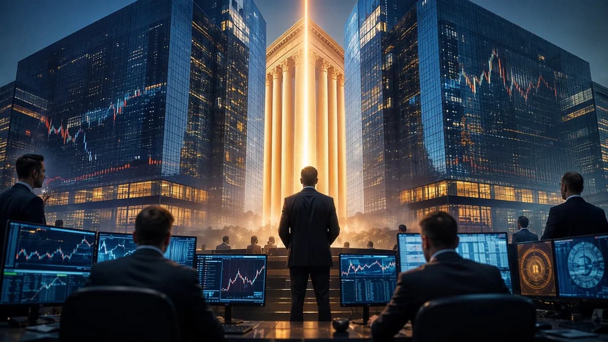 Trading floor scene with courthouse barrier between two media towers, symbolizing a paused merger.