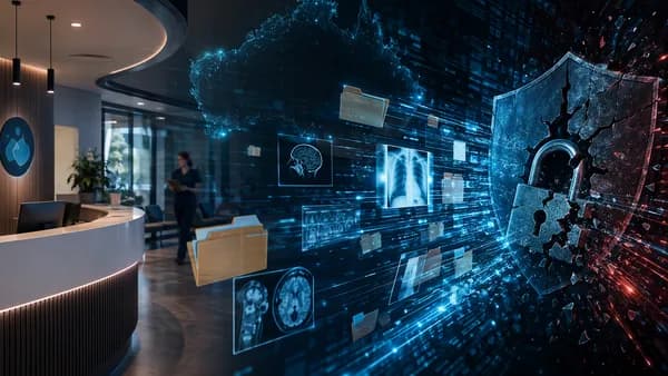 Dark healthcare cybersecurity scene with breached shield, lock, medical records, and clinic data streams.